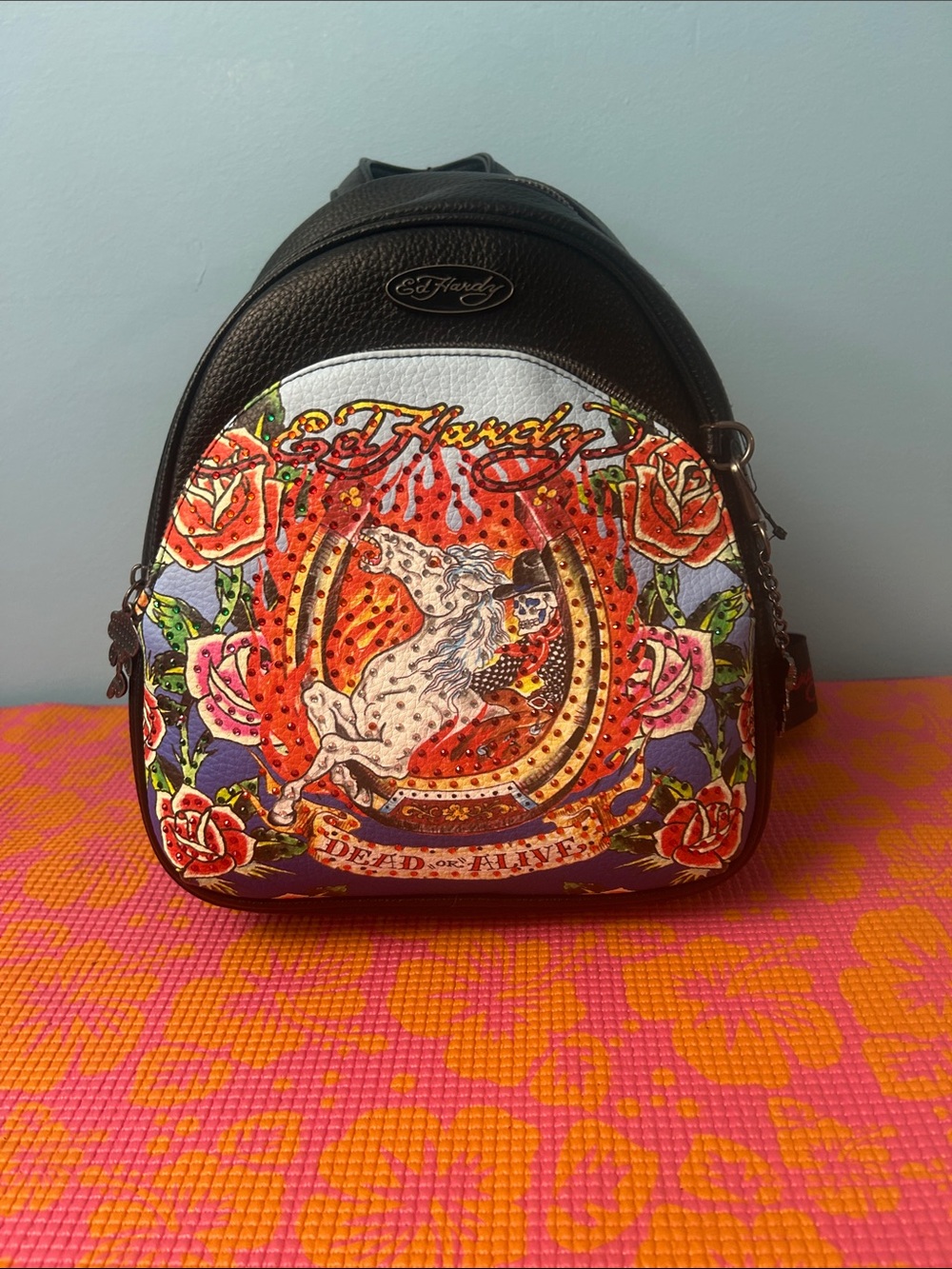 Ed Hardy Black Backpack with Multicolor Unicorn & Floral Print